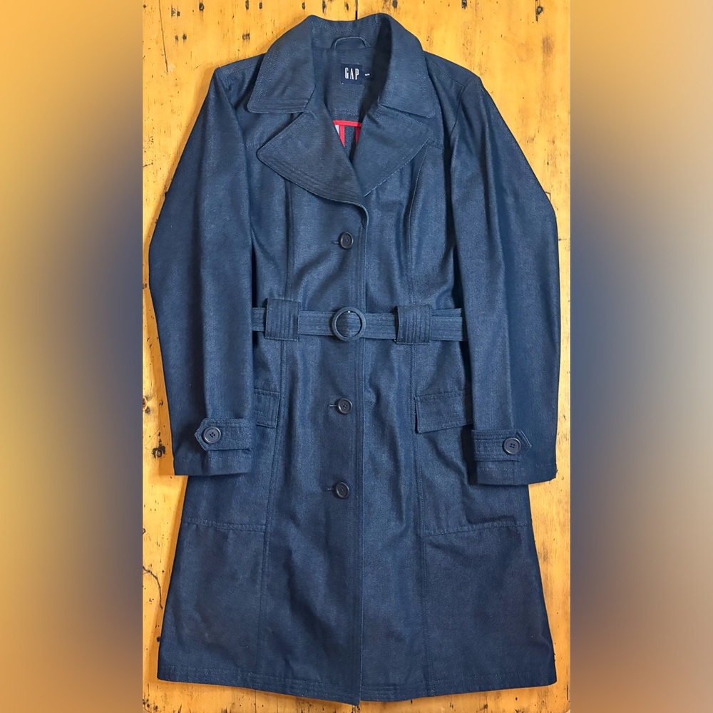 Y2K GAP Women’s Dark Blue Denim Belted Trench Coat EUC US M